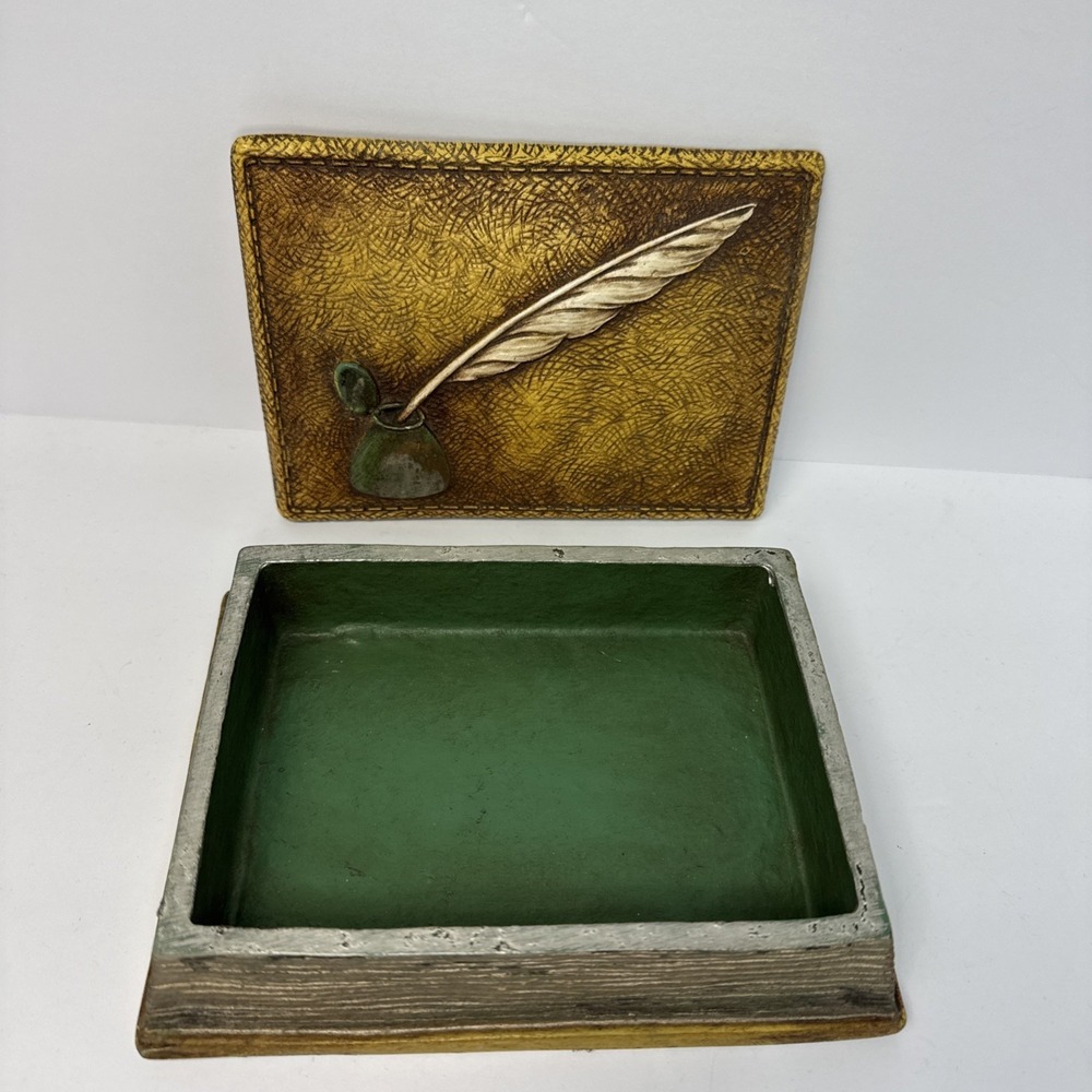 Syroco Wood Book Trinket Box Gold Faux Leather Quill Inkwell Vintage USA